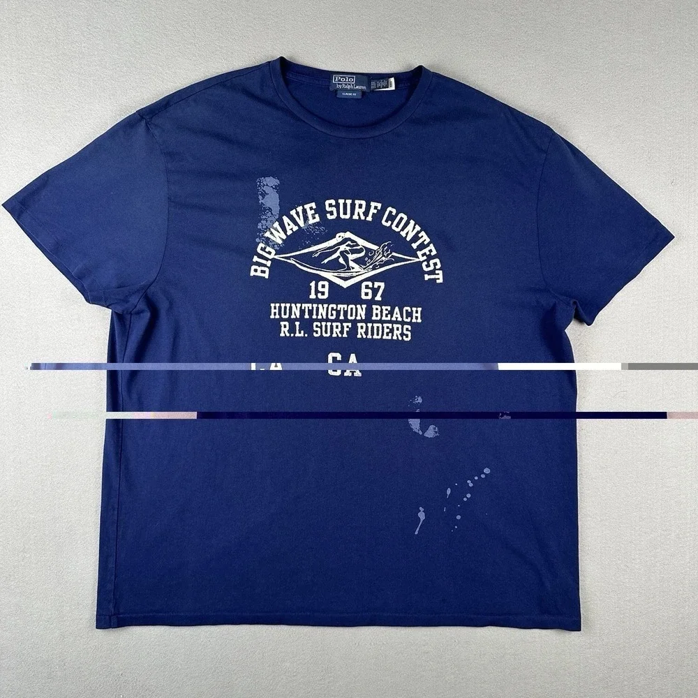Polo Ralph Lauren Shirt Men's 2XL Blue Big Wave Surf Contest Short Sleeve